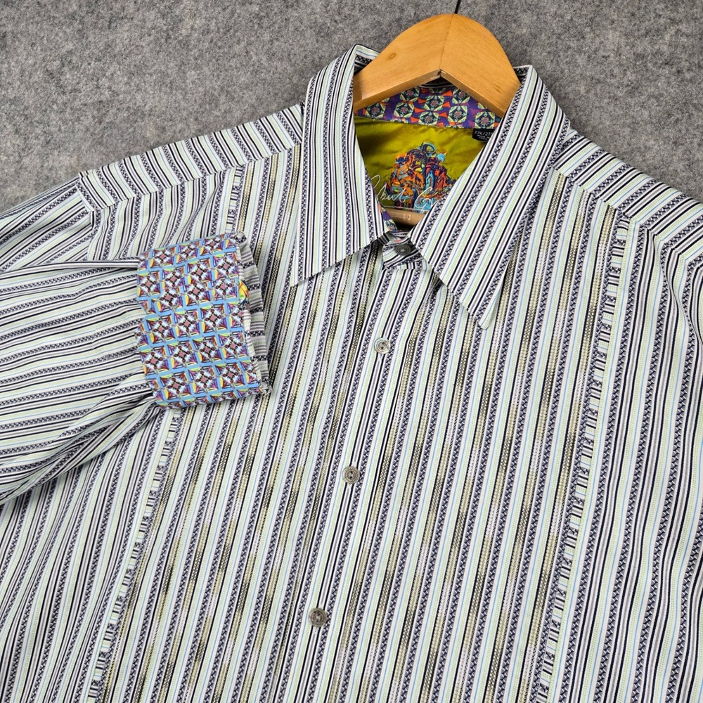 Robert Graham Shirt Mens 2XL White Striped Long Sleeve Silk Trim Flip Cuff Dandy